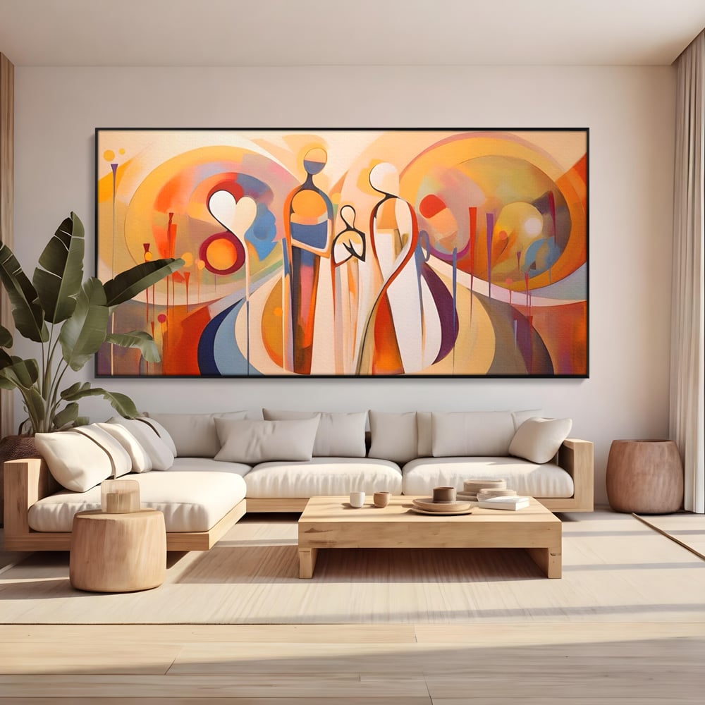 Tablou canvas cu tablou canvas cu familie abstracta, in rama de aluminiu negru, pe perete intr-un living